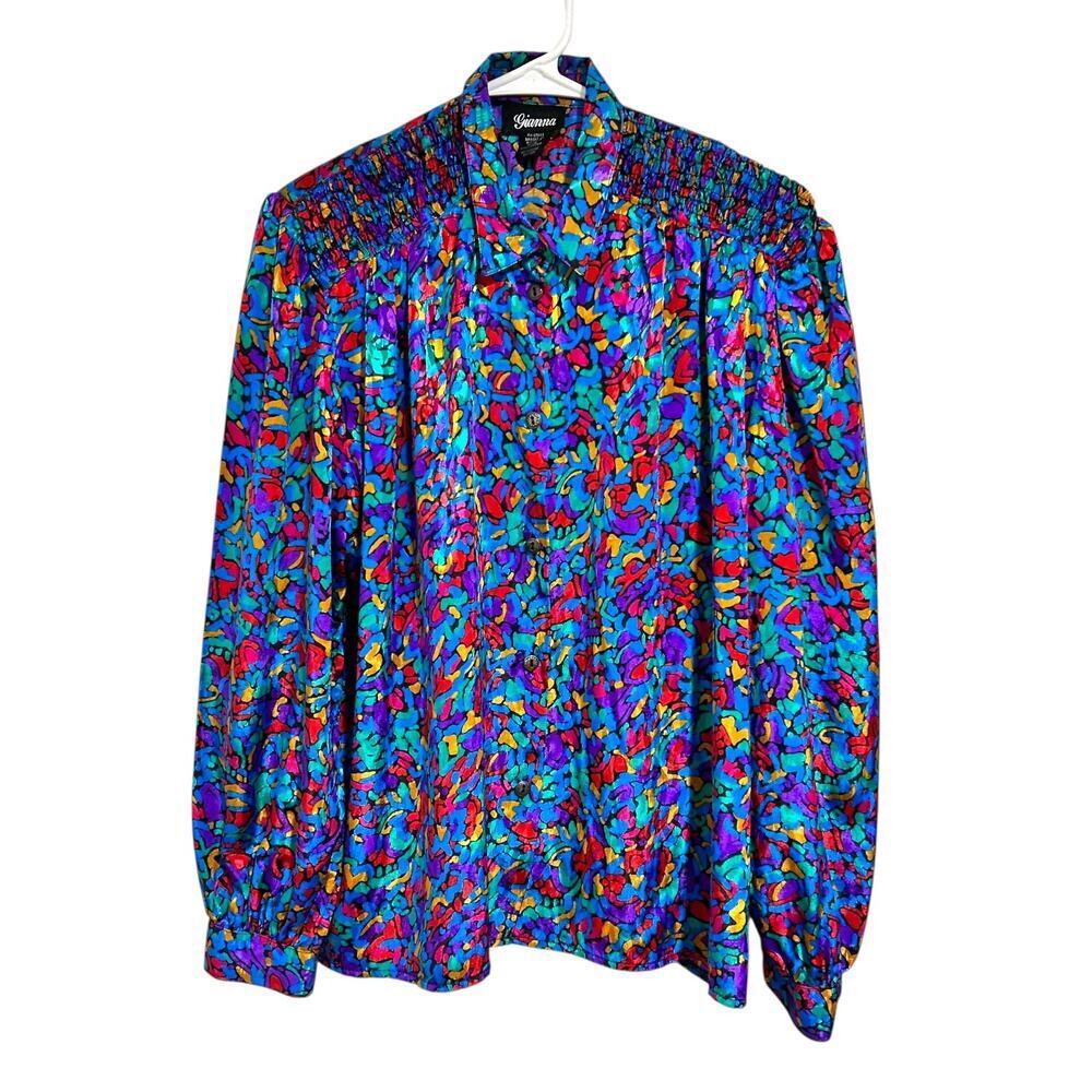 Vintage 90's Blouse Bright Colorful Long Sleeve Button Down Dress Shirt 14 Large